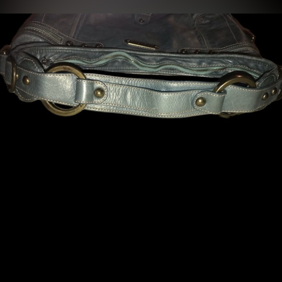 ISABELLA FIORE Vtg Large Blue Metallic Shimmer Stud Leather Hobo Handbag Satchel - Picture 13 of 16